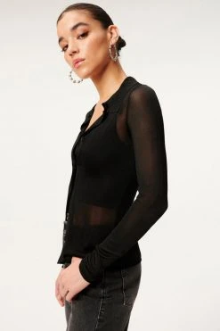 GA-SALE SHEER BUTTON FRONT POLO | BLACK001