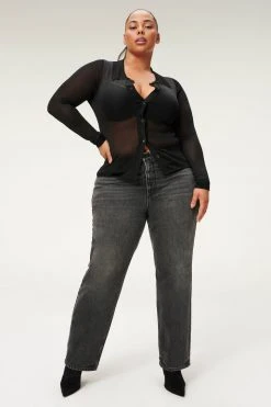 GA-SALE SHEER BUTTON FRONT POLO | BLACK001