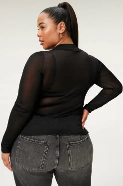 GA-SALE SHEER BUTTON FRONT POLO | BLACK001