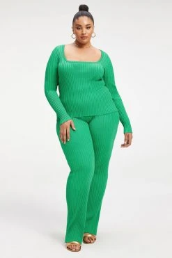 GOOD AMERICAN RIBBED SLIT BACK SWEATER TOP | SUMMER GREEN002 Tops