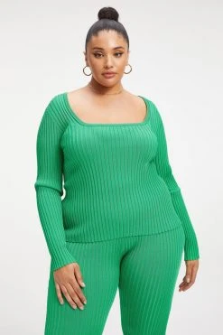 Flash Sale ✔️ GOOD AMERICAN RIBBED SLIT BACK SWEATER TOP | SUMMER GREEN002 Tops 🎉 13 GOOD AMERICAN RIBBED SLIT BACK SWEATER TOP | SUMMER GREEN002 Tops