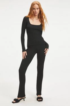 Best deal 🔥 GOOD AMERICAN RIBBED SLIT BACK SWEATER TOP | BLACK001 ⌛ 17 GOOD AMERICAN RIBBED SLIT BACK SWEATER TOP | BLACK001