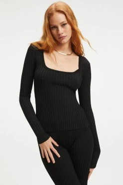 Best deal 🔥 GOOD AMERICAN RIBBED SLIT BACK SWEATER TOP | BLACK001 ⌛ 18 GOOD AMERICAN RIBBED SLIT BACK SWEATER TOP | BLACK001