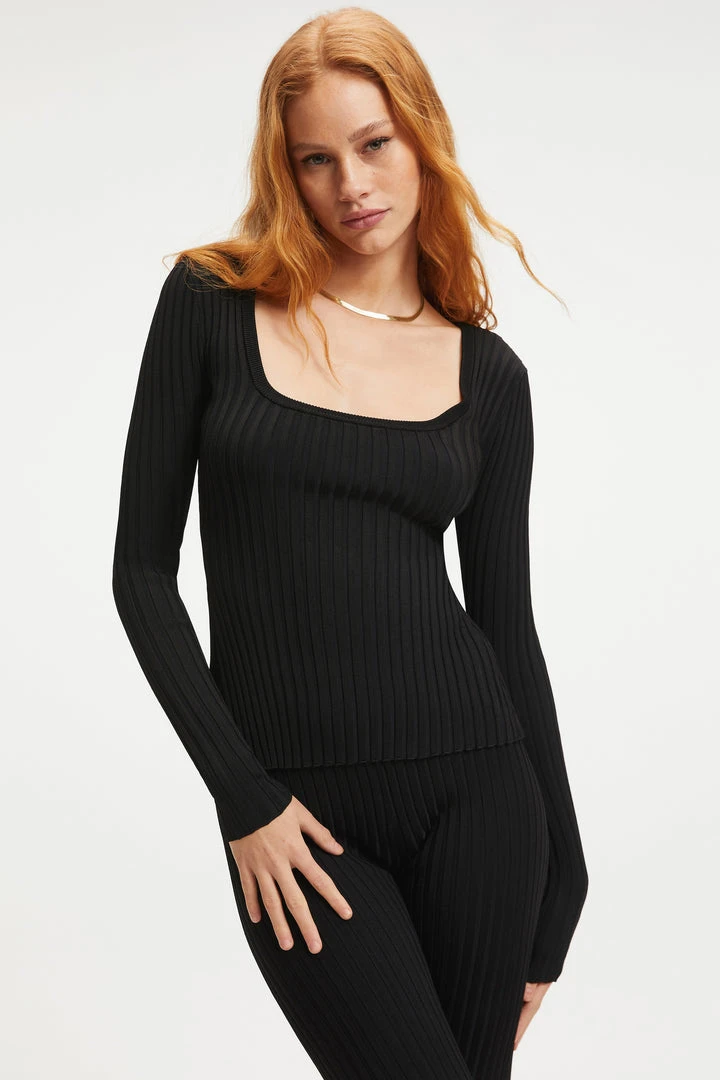 Best deal 🔥 GOOD AMERICAN RIBBED SLIT BACK SWEATER TOP | BLACK001 ⌛ 8 GOOD AMERICAN RIBBED SLIT BACK SWEATER TOP | BLACK001