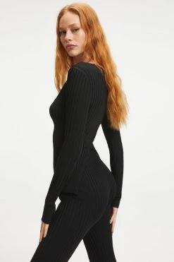 Best deal 🔥 GOOD AMERICAN RIBBED SLIT BACK SWEATER TOP | BLACK001 ⌛ 19 GOOD AMERICAN RIBBED SLIT BACK SWEATER TOP | BLACK001