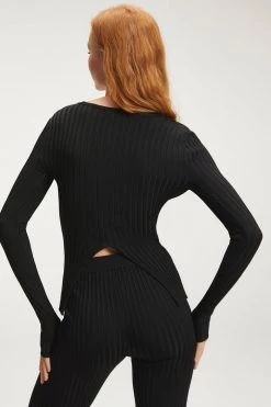 Best deal 🔥 GOOD AMERICAN RIBBED SLIT BACK SWEATER TOP | BLACK001 ⌛ 20 GOOD AMERICAN RIBBED SLIT BACK SWEATER TOP | BLACK001