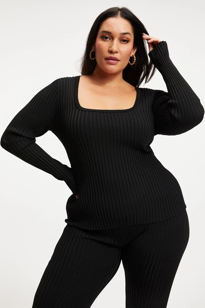 Best deal 🔥 GOOD AMERICAN RIBBED SLIT BACK SWEATER TOP | BLACK001 ⌛ 2 GOOD AMERICAN RIBBED SLIT BACK SWEATER TOP | BLACK001