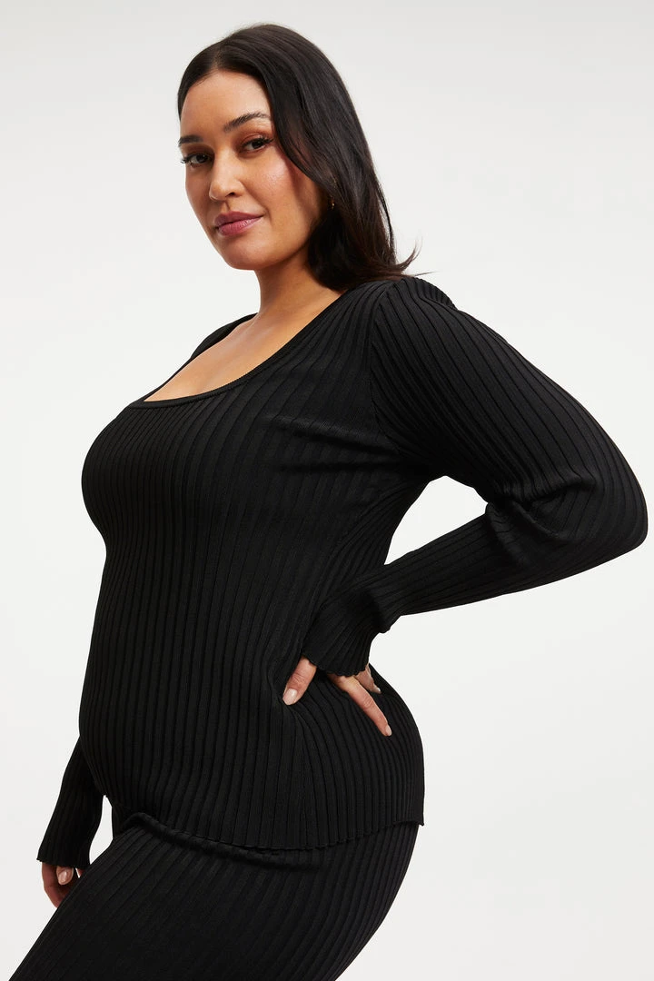 Best deal 🔥 GOOD AMERICAN RIBBED SLIT BACK SWEATER TOP | BLACK001 ⌛ 3 GOOD AMERICAN RIBBED SLIT BACK SWEATER TOP | BLACK001
