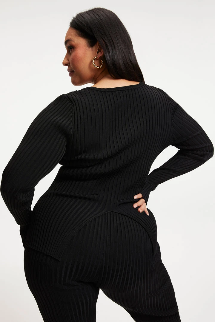 Best deal 🔥 GOOD AMERICAN RIBBED SLIT BACK SWEATER TOP | BLACK001 ⌛ 5 GOOD AMERICAN RIBBED SLIT BACK SWEATER TOP | BLACK001