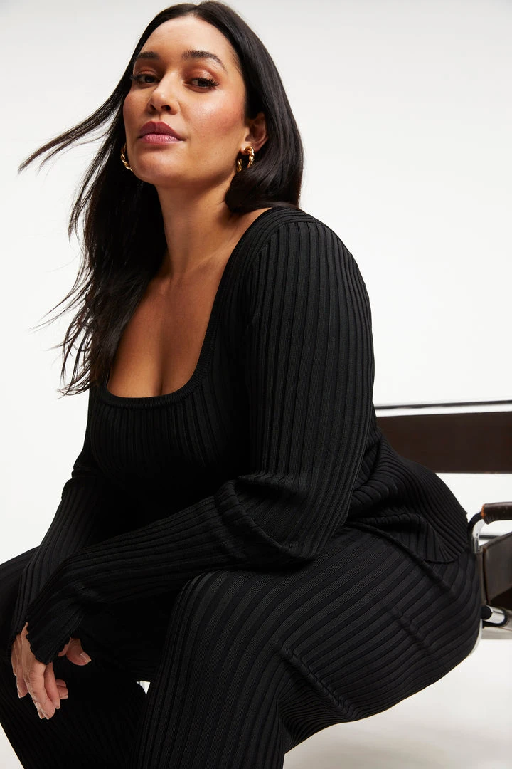 Best deal 🔥 GOOD AMERICAN RIBBED SLIT BACK SWEATER TOP | BLACK001 ⌛ 1 GOOD AMERICAN RIBBED SLIT BACK SWEATER TOP | BLACK001