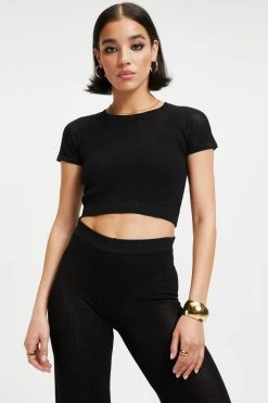 GOOD AMERICAN SWEATER MESH CROP TEE | BLACK001