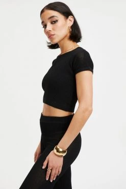 GOOD AMERICAN SWEATER MESH CROP TEE | BLACK001