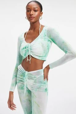 GA-SALE MESH ROUCHED V CROP | GREEN MARBLE001 Cover Ups