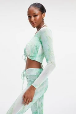 GA-SALE MESH ROUCHED V CROP | GREEN MARBLE001 Cover Ups