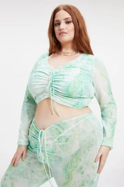 GA-SALE MESH ROUCHED V CROP | GREEN MARBLE001 Cover Ups