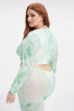 GA-SALE MESH ROUCHED V CROP | GREEN MARBLE001 Cover Ups