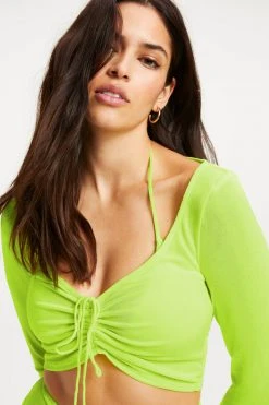 GA-SALE Cover Ups METALLIC ROUCHED V CROP | ELECTRIC LIME002