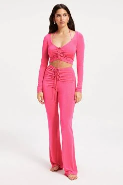 GA-SALE METALLIC ROUCHED V CROP | HOT PINK002