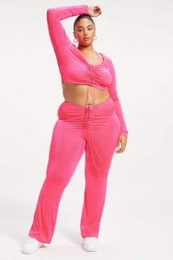 GA-SALE METALLIC ROUCHED V CROP | HOT PINK002