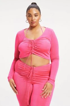 GA-SALE METALLIC ROUCHED V CROP | HOT PINK002