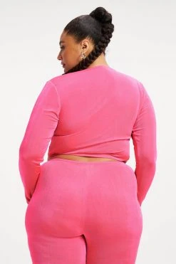 GA-SALE METALLIC ROUCHED V CROP | HOT PINK002