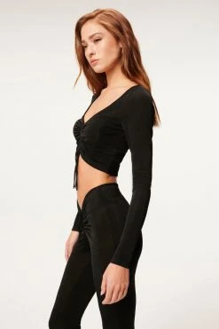 GOOD AMERICAN SHINE RUCHED CROP TOP | BLACK001