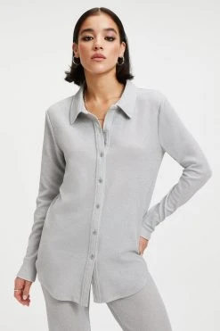 GOOD AMERICAN Cover Ups SPARKLE BUTTON DOWN TOP | SILVER001