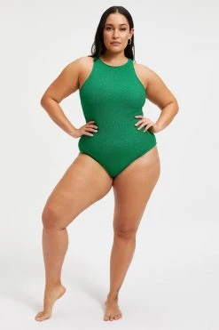 GOOD AMERICAN SPARKLE RACER NECK ONE-PIECE | SUMMER GREEN002