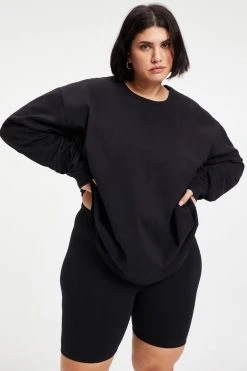 GOOD AMERICAN Tees & Tops ESSENTIAL LONG SLEEVE CREW TEE | BLACK001