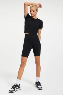 GOOD AMERICAN Tees & Tops THERMAL CROPPED TEE | BLACK001