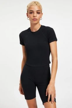 GOOD AMERICAN Tees & Tops THERMAL CROPPED TEE | BLACK001