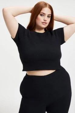 GOOD AMERICAN Tees & Tops THERMAL CROPPED TEE | BLACK001