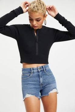 GOOD AMERICAN THERMAL FITTED HENLEY | BLACK001 Tees & Tops