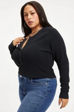 GOOD AMERICAN THERMAL FITTED HENLEY | BLACK001 Tees & Tops