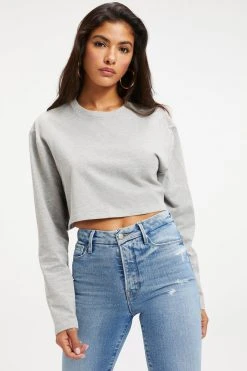 GOOD AMERICAN CROPPED LONG SLEEVED TEE | HEATHER GREY001 Tees & Tops