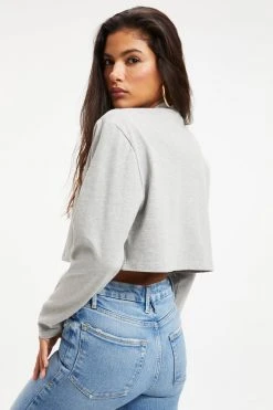 GOOD AMERICAN CROPPED LONG SLEEVED TEE | HEATHER GREY001 Tees & Tops