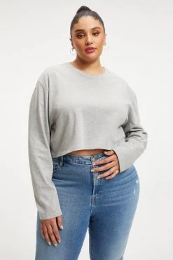 GOOD AMERICAN CROPPED LONG SLEEVED TEE | HEATHER GREY001 Tees & Tops