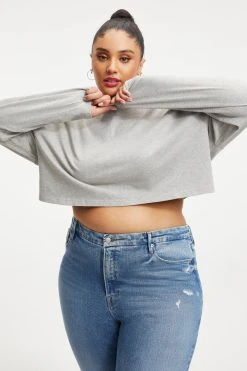 GOOD AMERICAN CROPPED LONG SLEEVED TEE | HEATHER GREY001 Tees & Tops