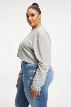 GOOD AMERICAN CROPPED LONG SLEEVED TEE | HEATHER GREY001 Tees & Tops