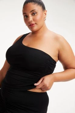 GOOD AMERICAN GOOD TOUCH RUCHED ONE SHOULDER TOP | BLACK001 Tops