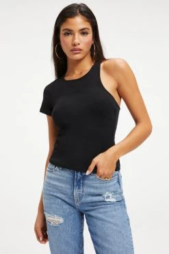 GOOD AMERICAN ASYMMETRICAL OPEN BACK TEE | BLACK001 Tops
