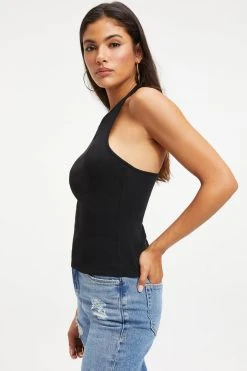 GOOD AMERICAN ASYMMETRICAL OPEN BACK TEE | BLACK001 Tops