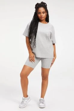 GOOD AMERICAN Tees & Tops RIBBED BOYFRIEND TEE | HEATHER GREY001