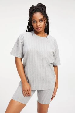 GOOD AMERICAN Tees & Tops RIBBED BOYFRIEND TEE | HEATHER GREY001