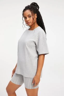 GOOD AMERICAN Tees & Tops RIBBED BOYFRIEND TEE | HEATHER GREY001