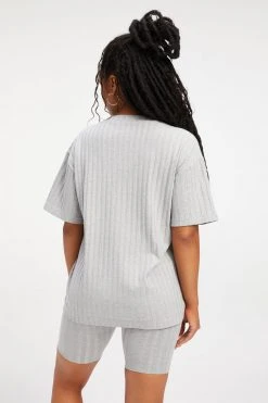 GOOD AMERICAN Tees & Tops RIBBED BOYFRIEND TEE | HEATHER GREY001