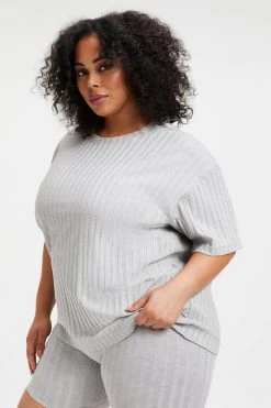 GOOD AMERICAN Tees & Tops RIBBED BOYFRIEND TEE | HEATHER GREY001