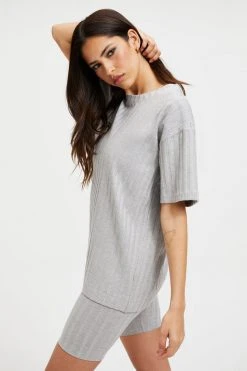 GOOD AMERICAN Tees & Tops RIBBED BOYFRIEND TEE | HEATHER GREY001