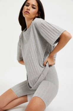 GOOD AMERICAN Tees & Tops RIBBED BOYFRIEND TEE | HEATHER GREY001