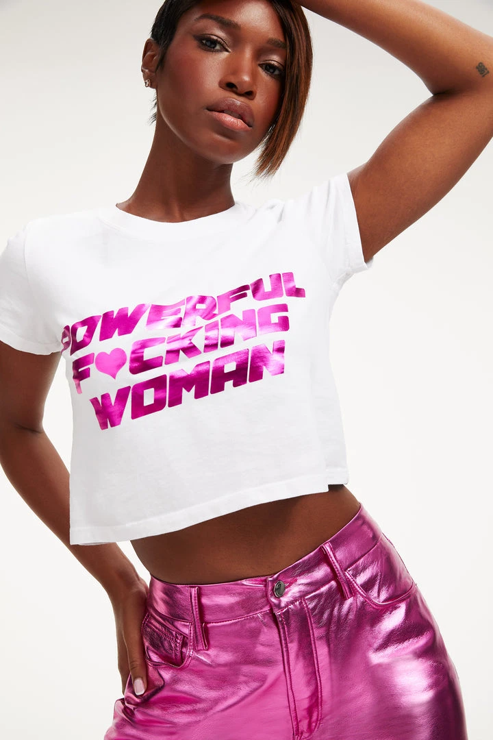 Brand new 🌟 GOOD AMERICAN Tops POWERFUL F*CKING 💯 WOMAN CROP TEE | PINK FOIL001 ⭐ 4 GOOD AMERICAN Tops POWERFUL F*CKING WOMAN CROP TEE | PINK FOIL001